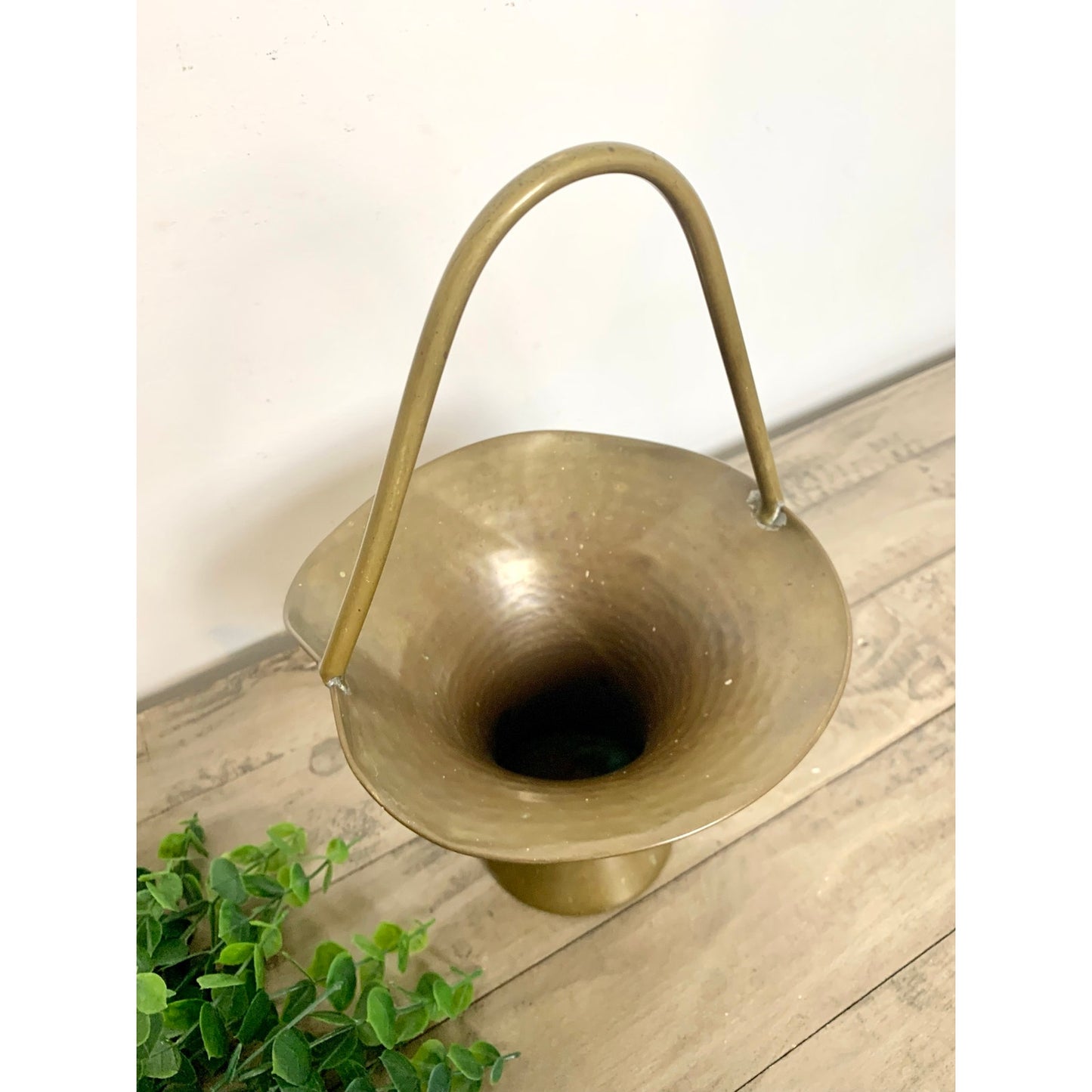 Vintage Hammered Brass Basket Vase Planter Mid Century Patina Brass Vessel