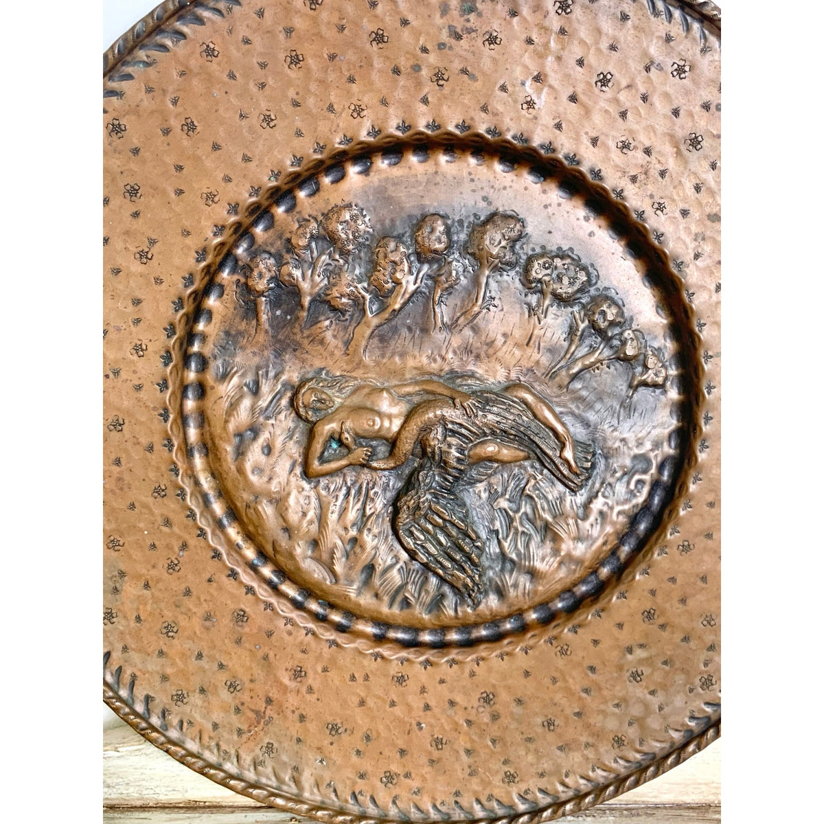 Vintage Copper Leda and Swan Repousse Wall Plaque Mythological Art Relief Scene