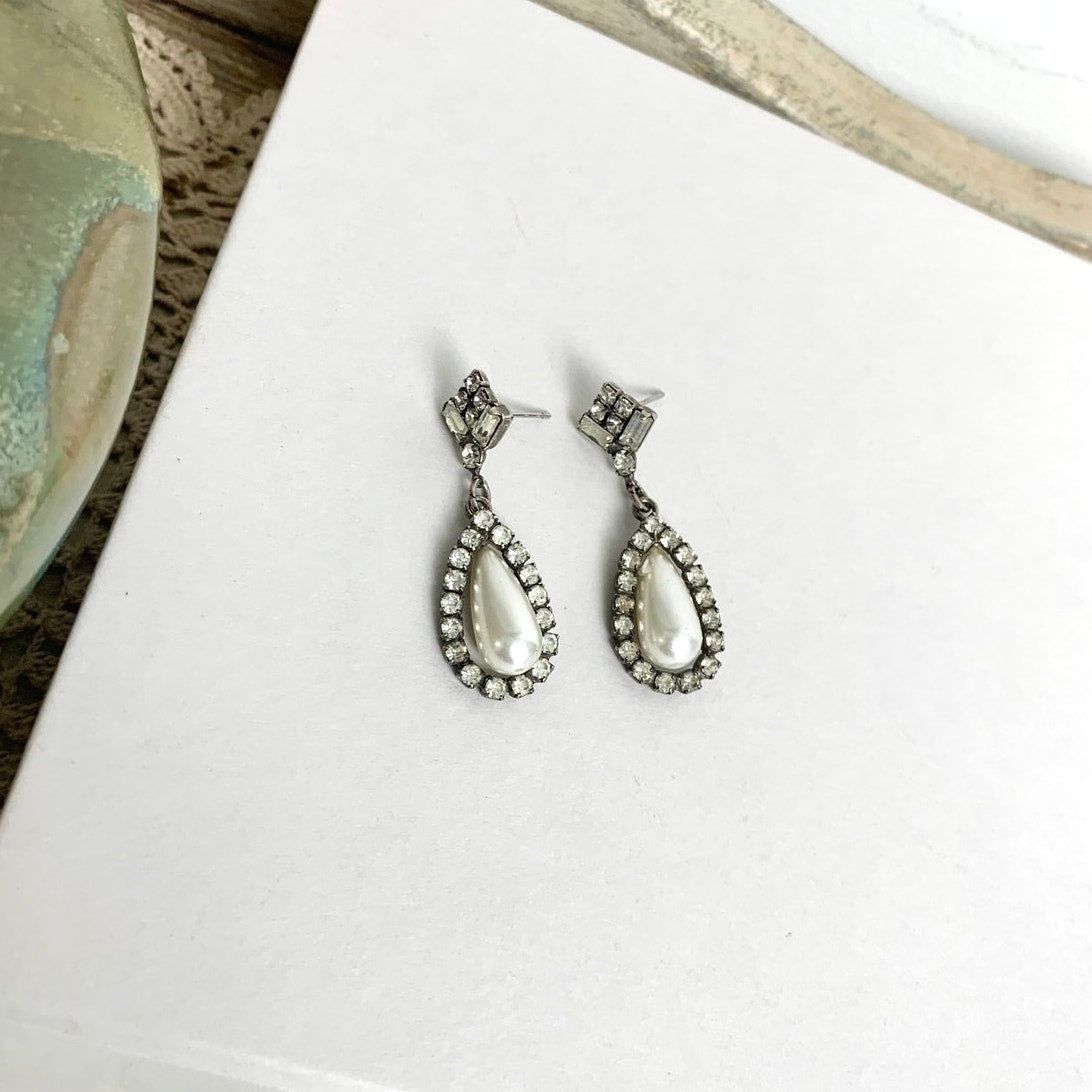 Vintage Art Deco Rhinestone Faux Pearl Drop Earrings Teardrop Bridal Dangle Post Back
