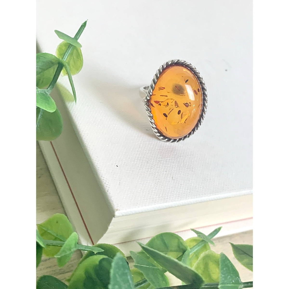 Vintage Sterling Silver Amber Ring Adjustable Oval Statement Jewelry Boho Southwestern