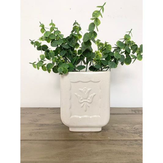 Vintage White Ceramic Planter Vase with Raised Floral Motif Cottagecore Neutral Pot