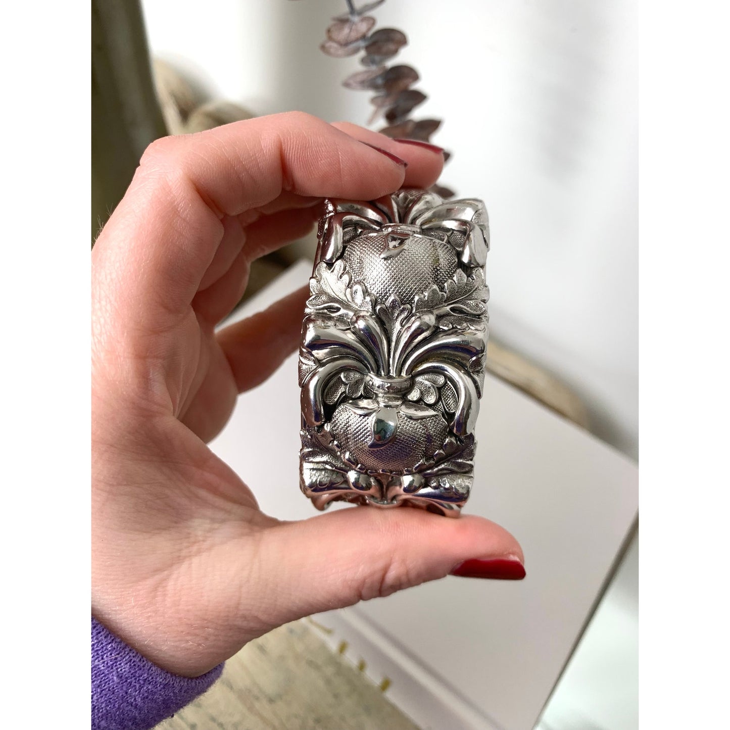 Vintage Wide Silver Tone Bracelet Whiting and Davis Style Repousse Floral Bangle