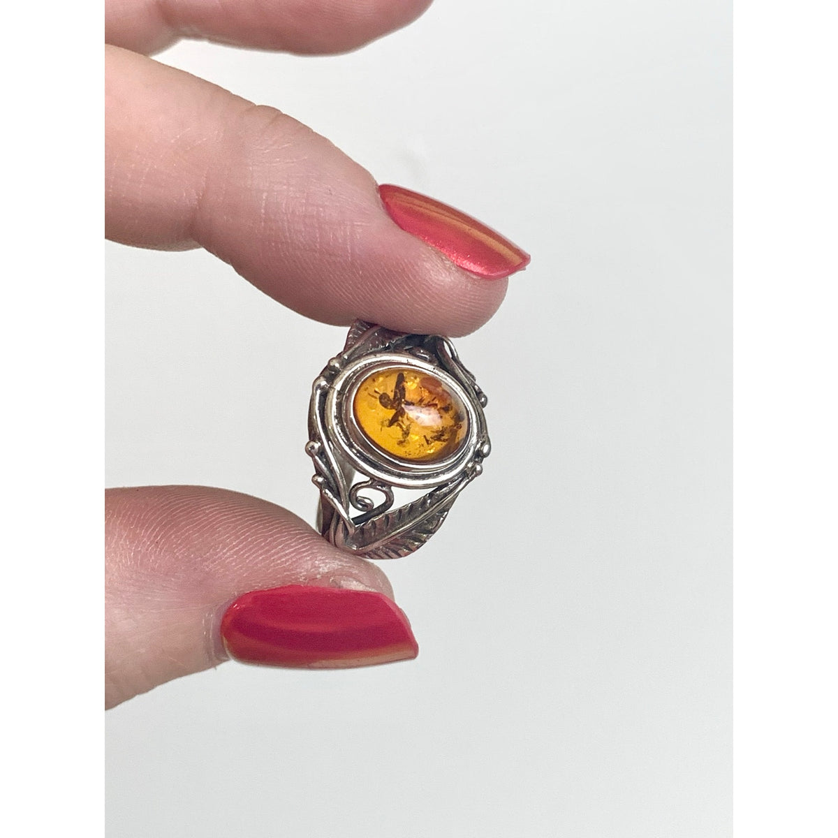 Vintage Sterling Silver Amber Ring Botanical Leaf Filigree Jewelry Boho Southwestern