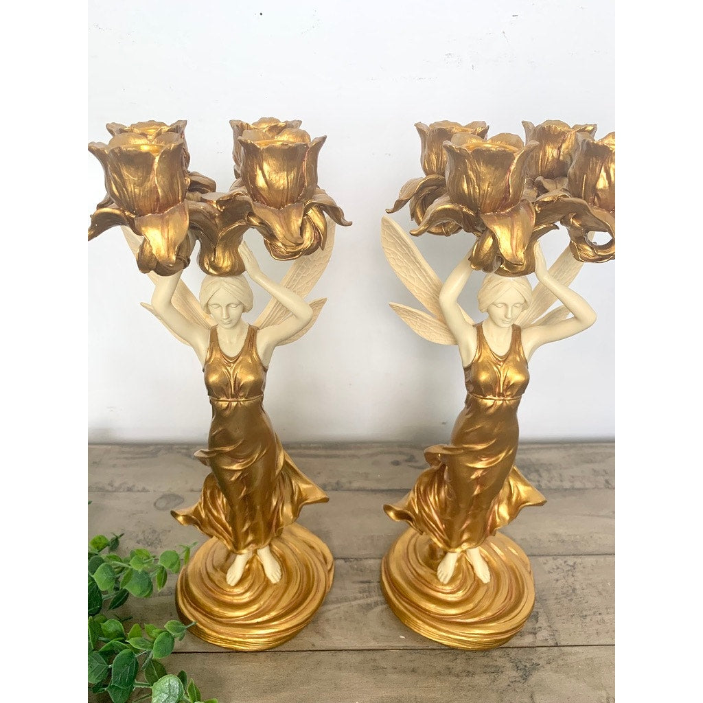 Vintage Art Nouveau Style Winged Women Candelabra Pair Gold Figural Fairy Candle