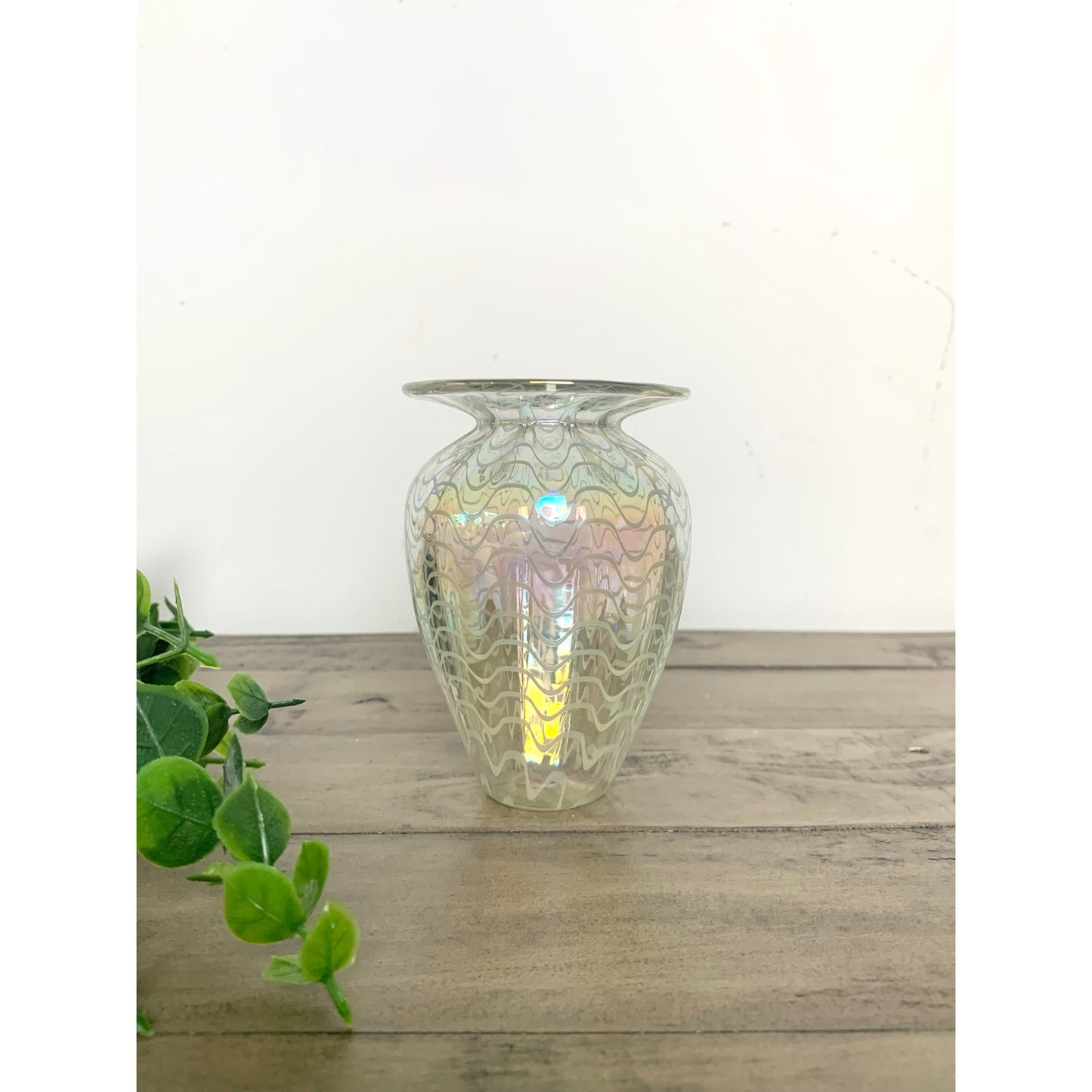 Vintage Glass Eye Studio Iridescent Art Glass Vase Handblown with Wavy Design