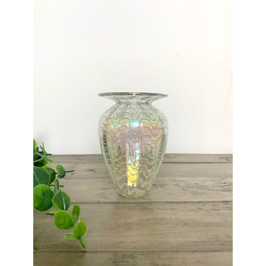 Vintage Glass Eye Studio Iridescent Art Glass Vase Handblown with Wavy Design
