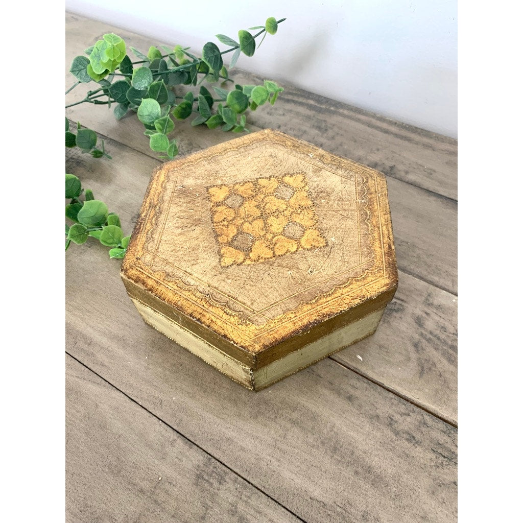 Vintage Florentine Gold Giltwood Box Made in Italy Hexagon Trinket Box Old World Regency