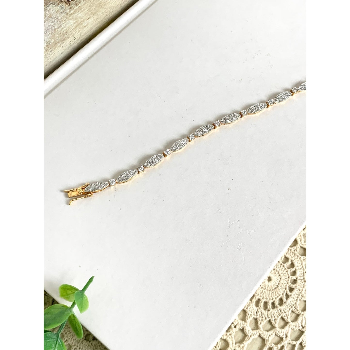Vintage Goldtone Rhinestone Tennis Bracelet Art Deco Style Crystal Glam Jewelry
