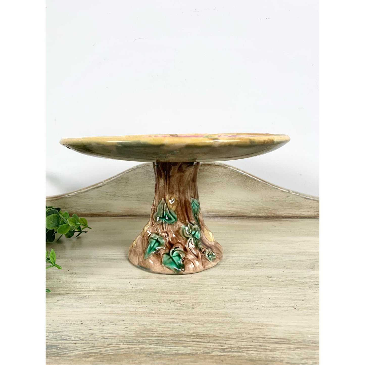Antique Majolica Pedestal Cake Stand Maple Leaf Compote Etruscan Riser Dessert Victorian Pottery