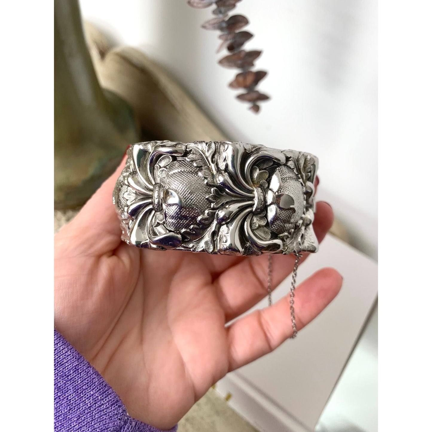 Vintage Wide Silver Tone Bracelet Whiting and Davis Style Repousse Floral Bangle