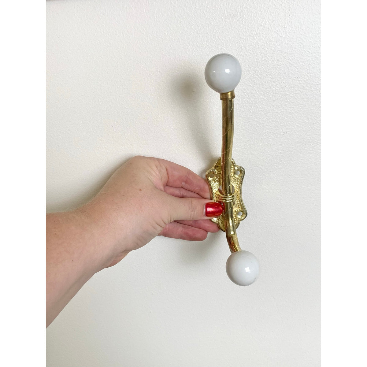 Vintage Brass Double Wall Hook White Porcelain Knobs Coat Rack Hardware