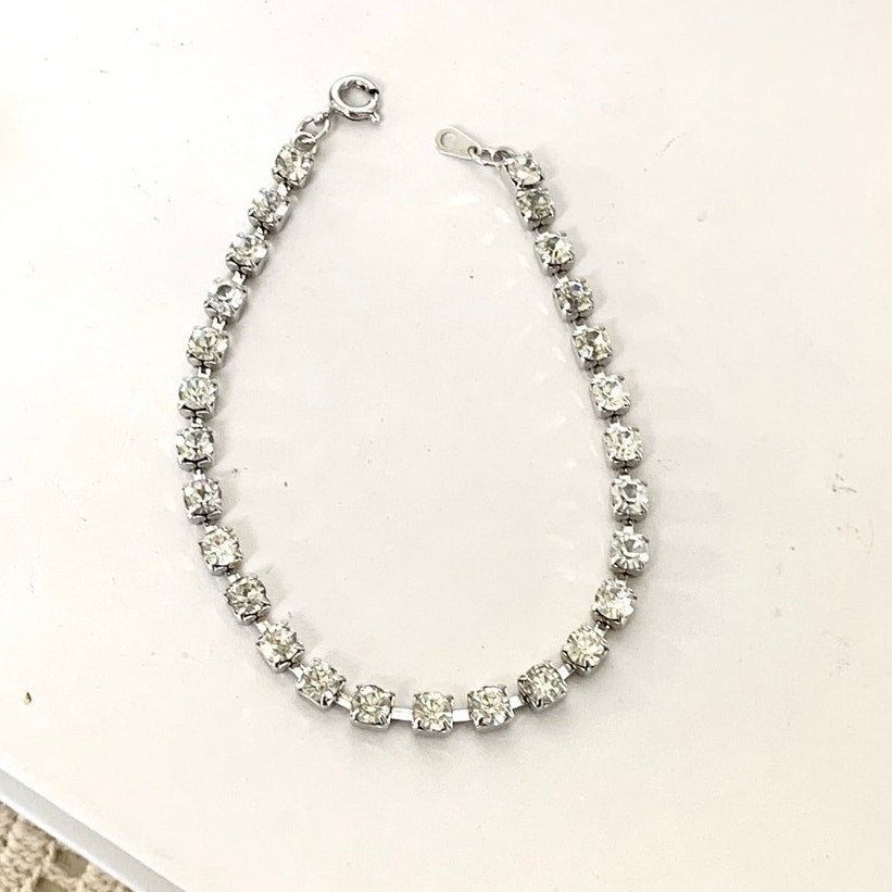 Vintage Rhinestone Tennis Bracelet Clear Crystal Silver Tone Classic Statement