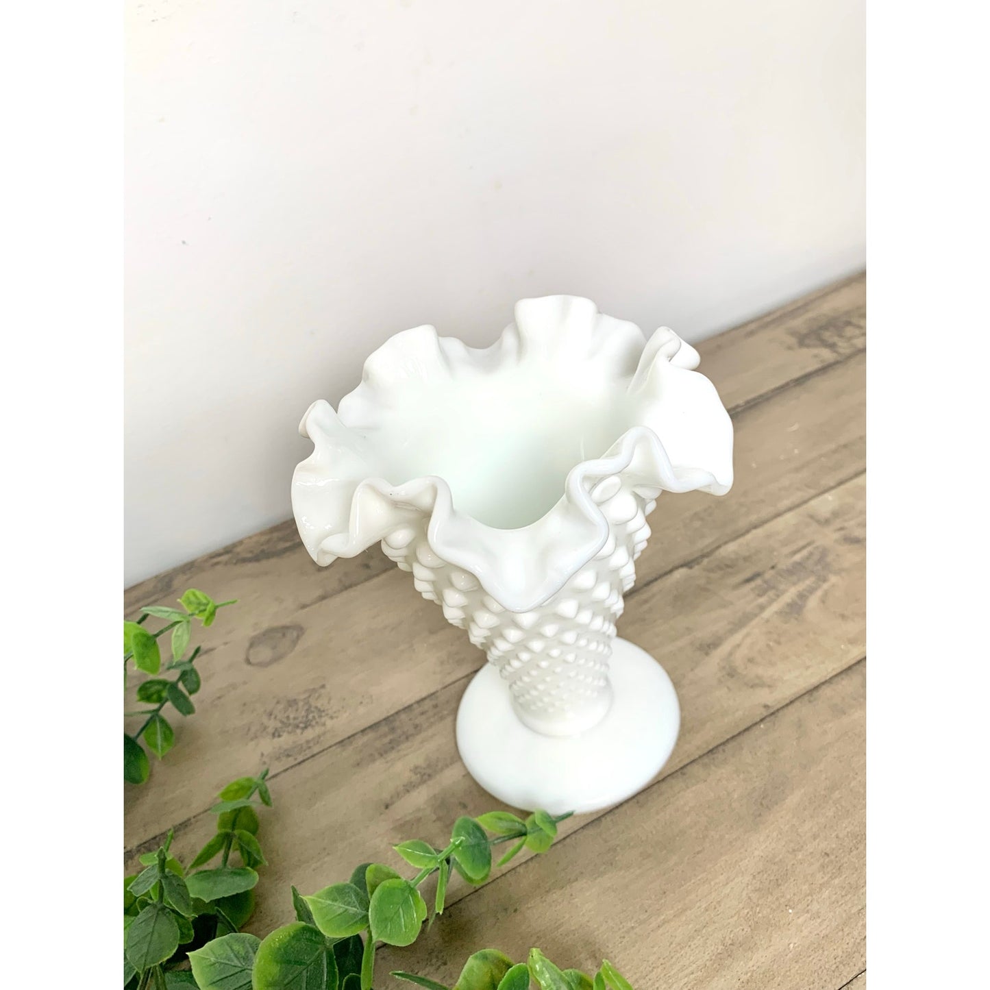 Vintage Fenton Hobnail Milk Glass Pedestal Vase with Fluted Rim Small White Vase