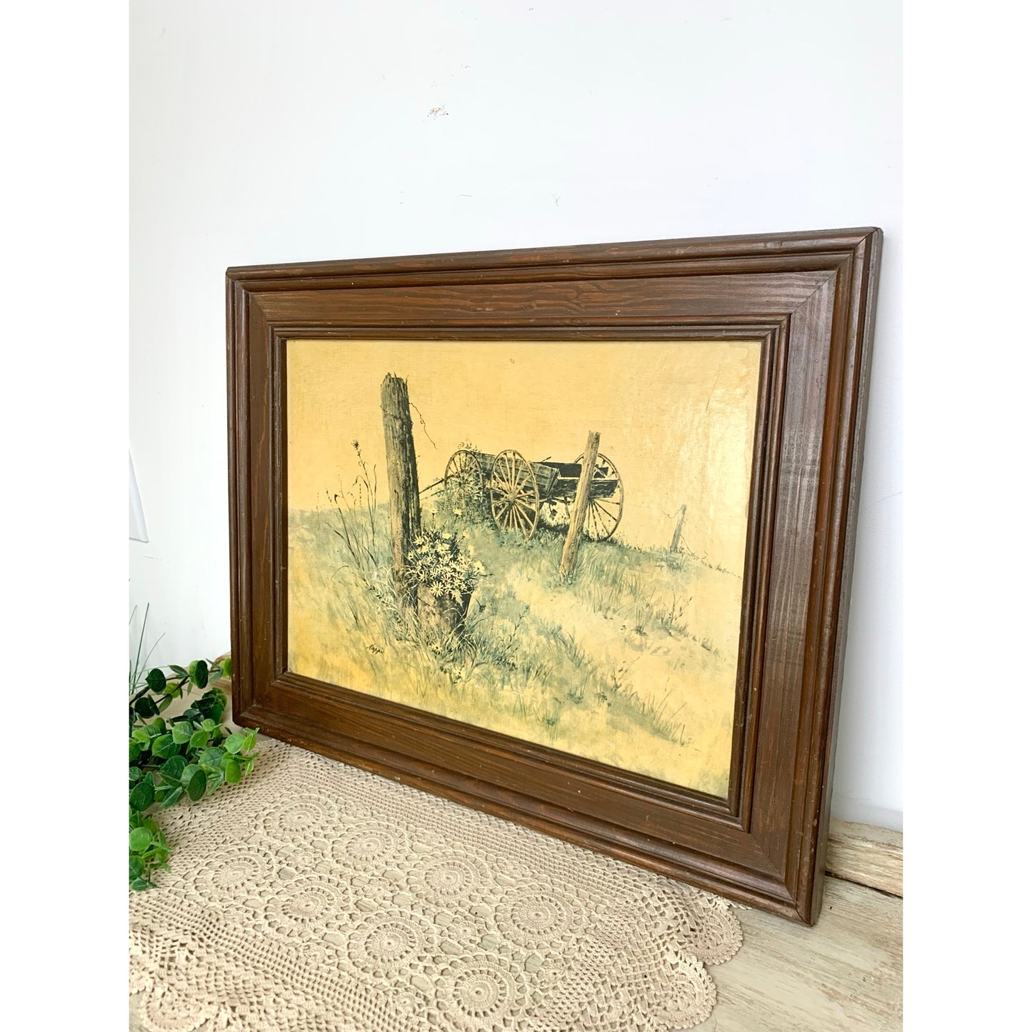 Vintage Daisy Wagon Landscape Print Rustic Farmhouse Wall Art Framed Country Cottage