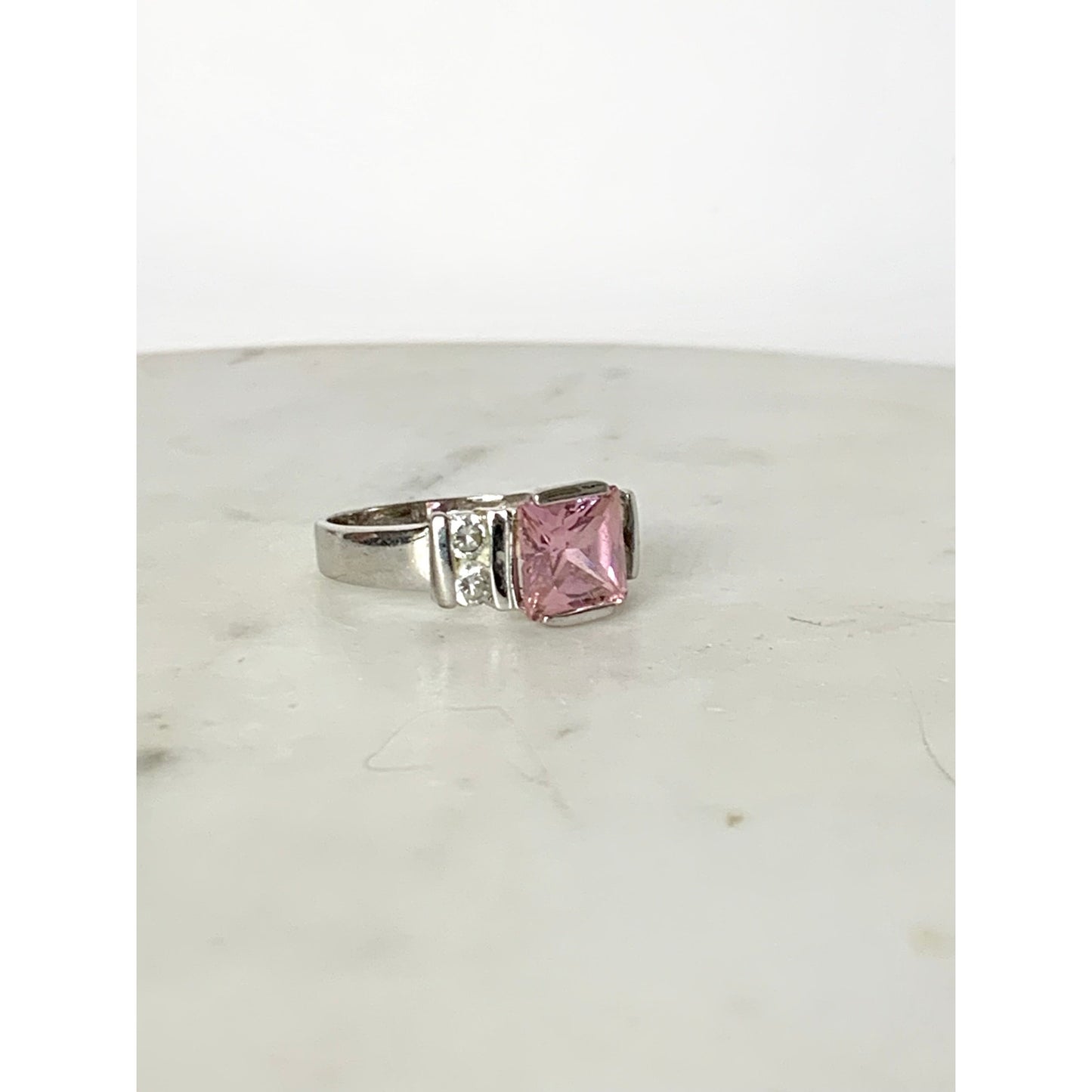 Vintage Sterling Silver Pink Princess Cut CZ Ring Size 8.25 Cocktail Art Deco