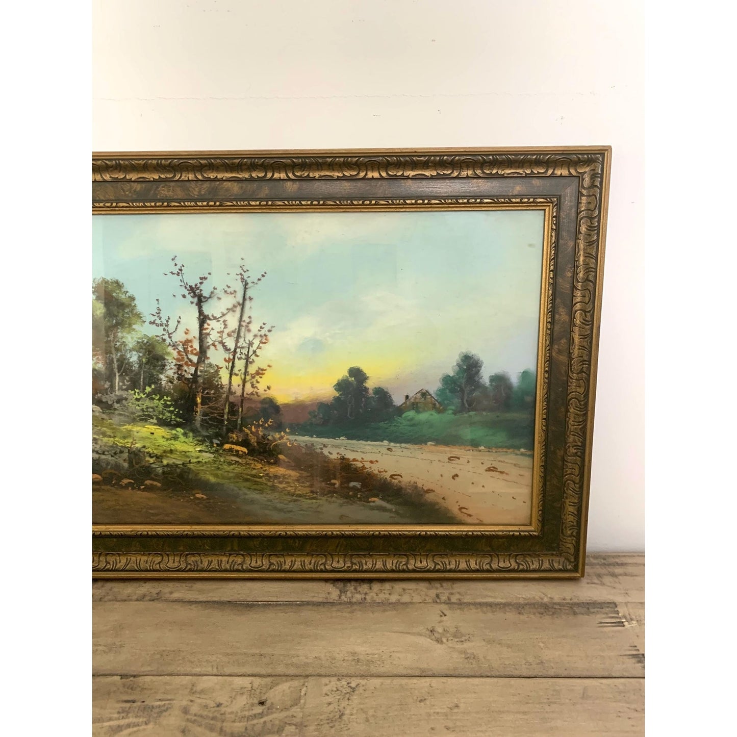Vintage Pastel Landscape Painting Signed Elande, Framed Countryside Scene