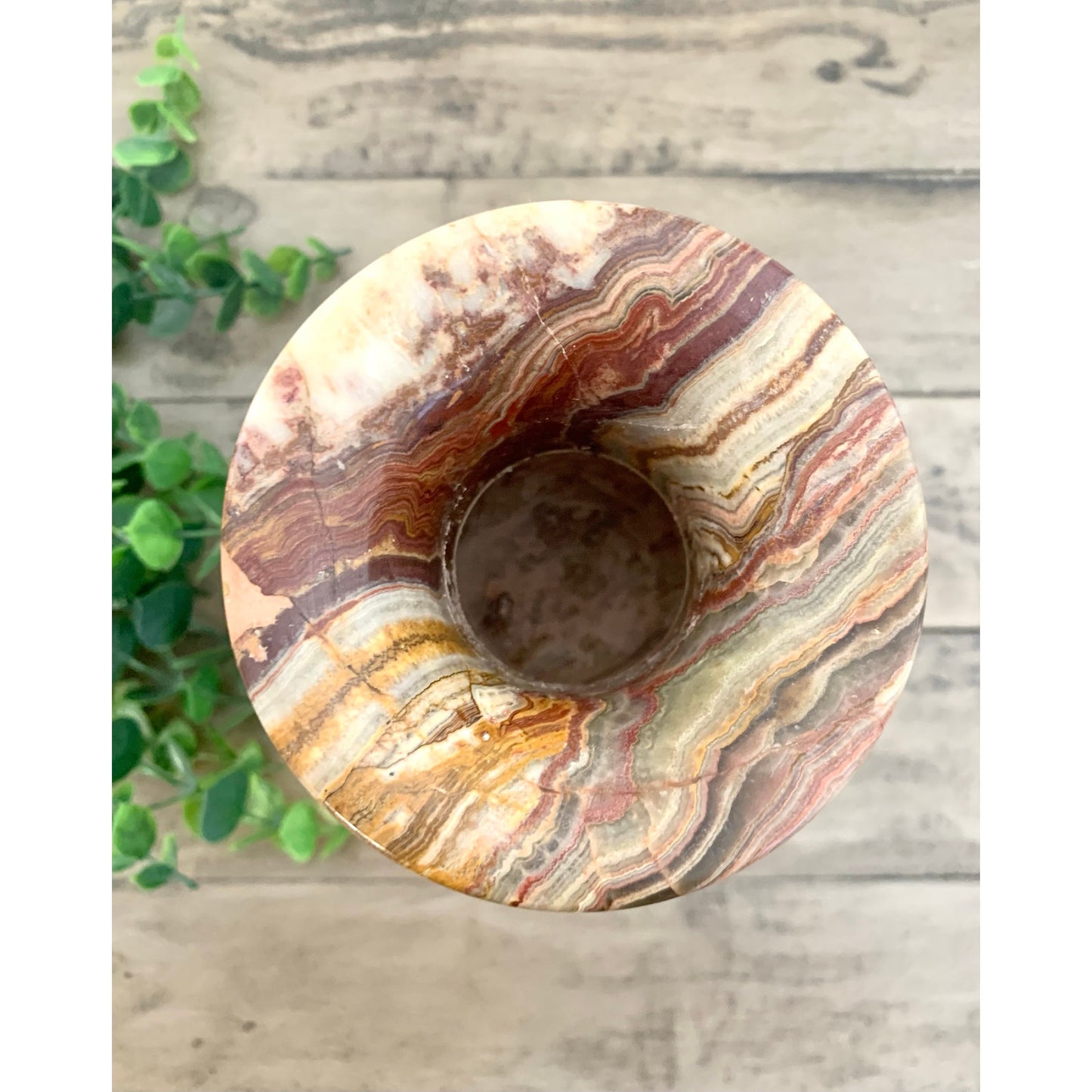 Vintage Polished Onyx Stone Vase Natural Striped Marble Pattern Earthy Boho Urn