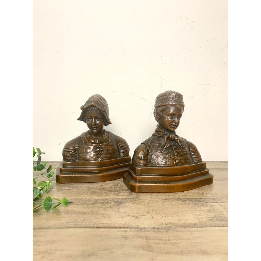 Antique Bronze Patina Dutch Couple Bookends – Folk Art Bust Pair