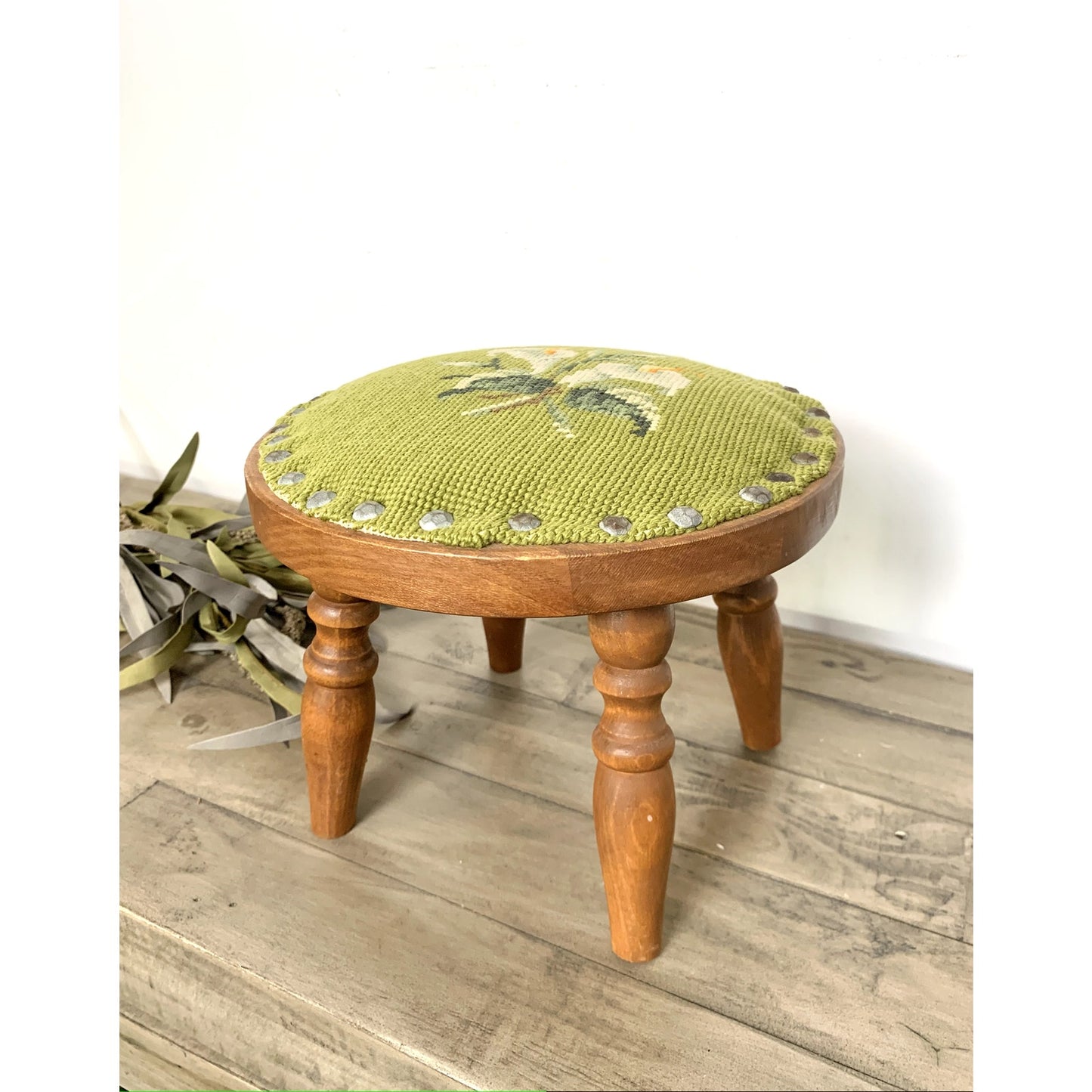 Vintage Floral Needlepoint Wood Footstool Green Wool Top Nailhead Trim Cottage