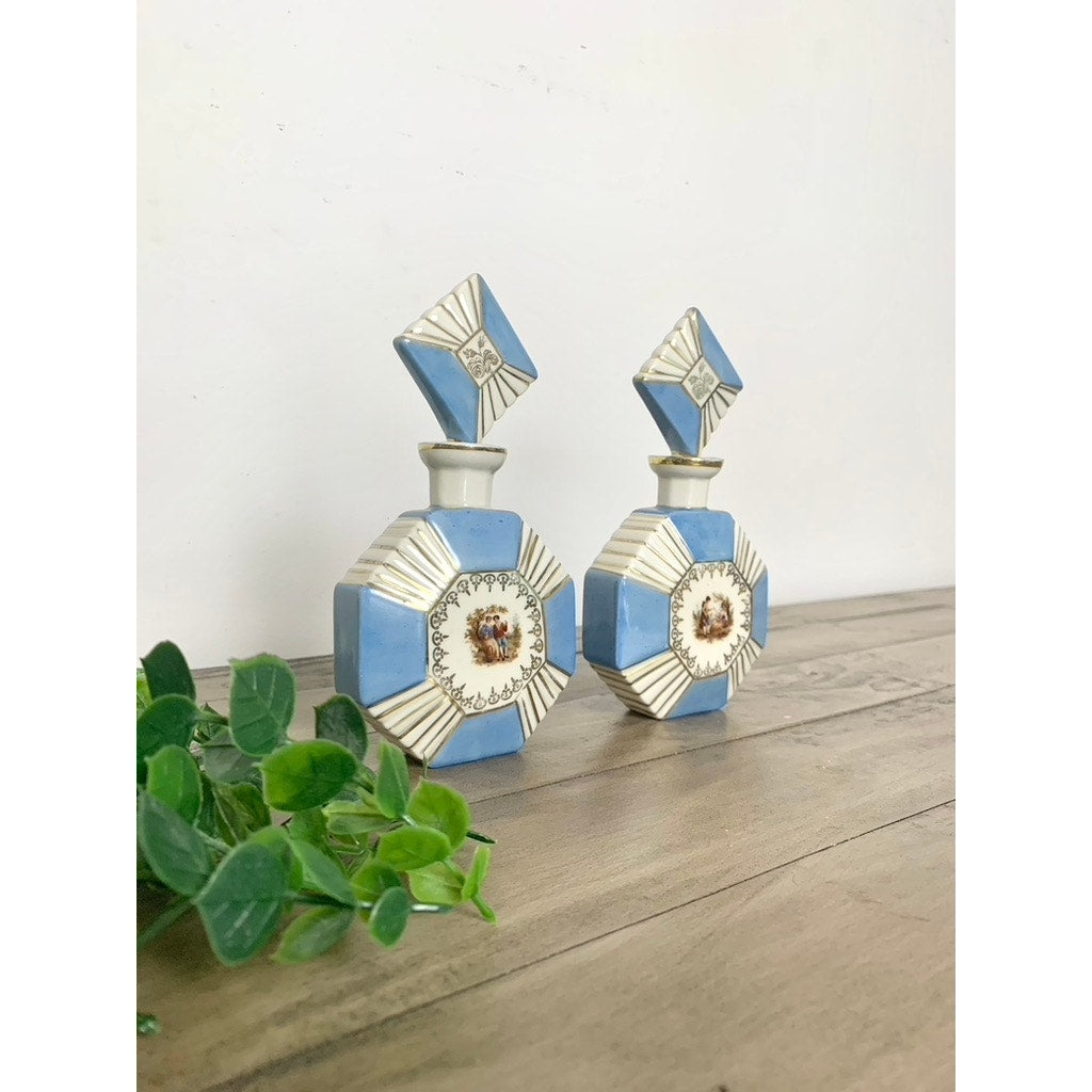 Antique Bavaria Porcelain Perfume Bottles Set of 2 Blue Gold Courting Scene Vintage Vanity Edwardian Art Deco Regency