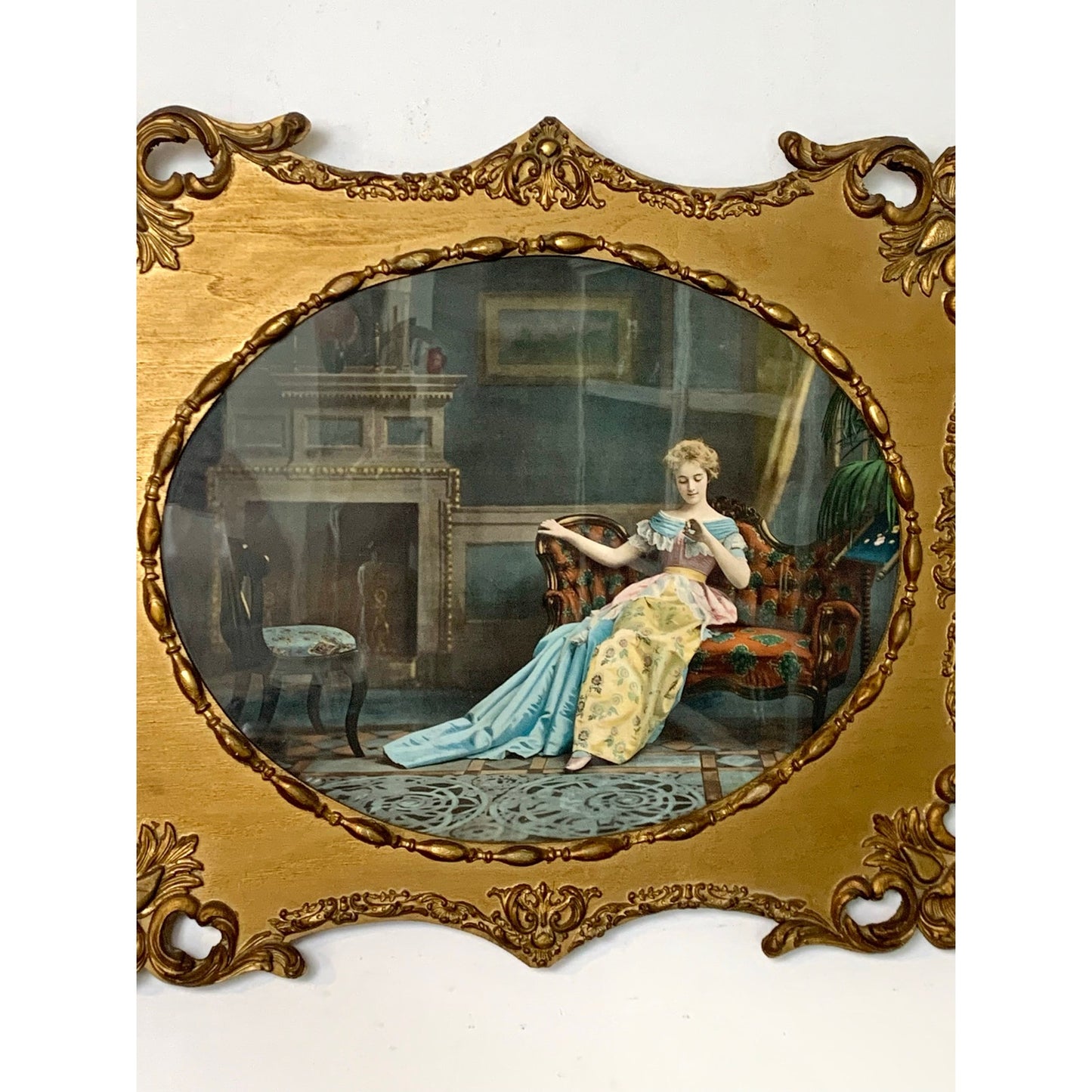 Vintage Gilt Rococo Framed Engagement Portrait Wall Art Romantic Print Ornate Carved Wood