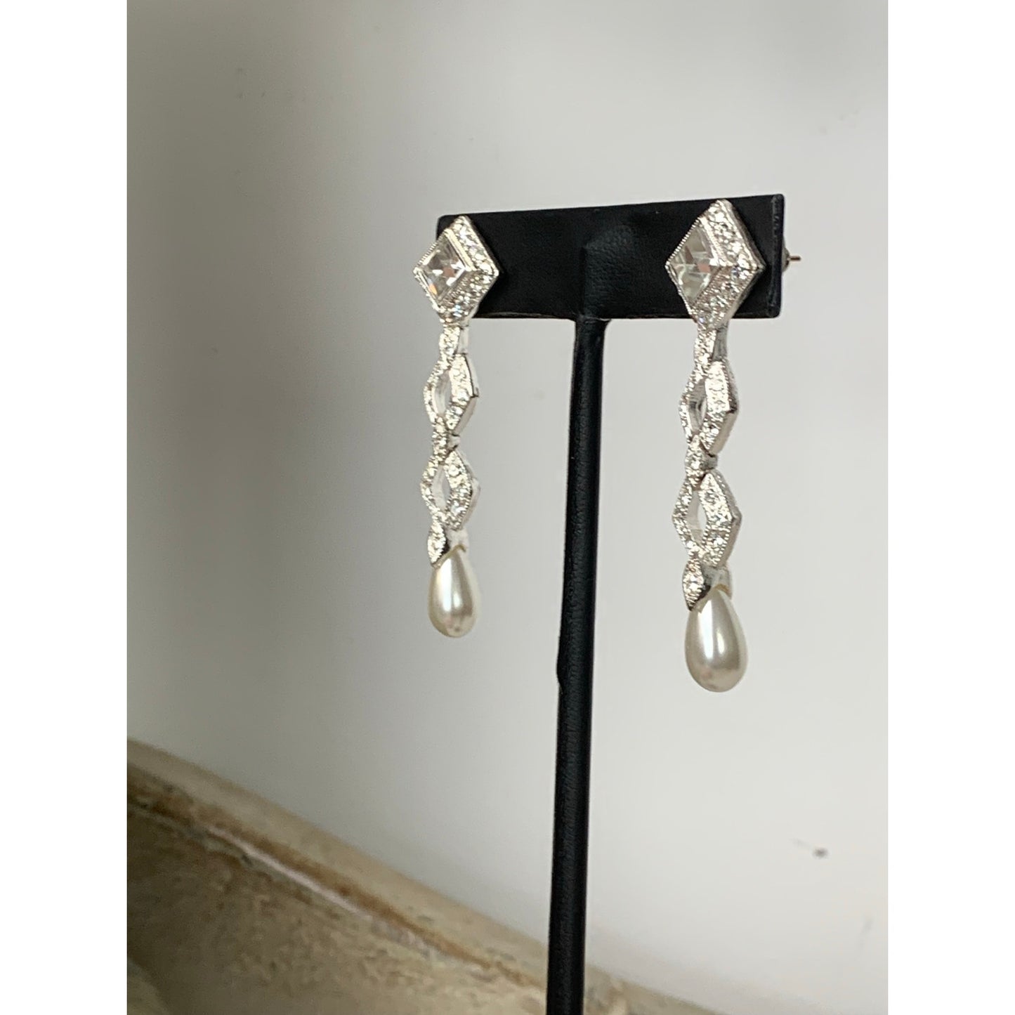 Vintage Silvertone Rhinestone Faux Pearl Drop Earrings Geometric Bridal Dangle