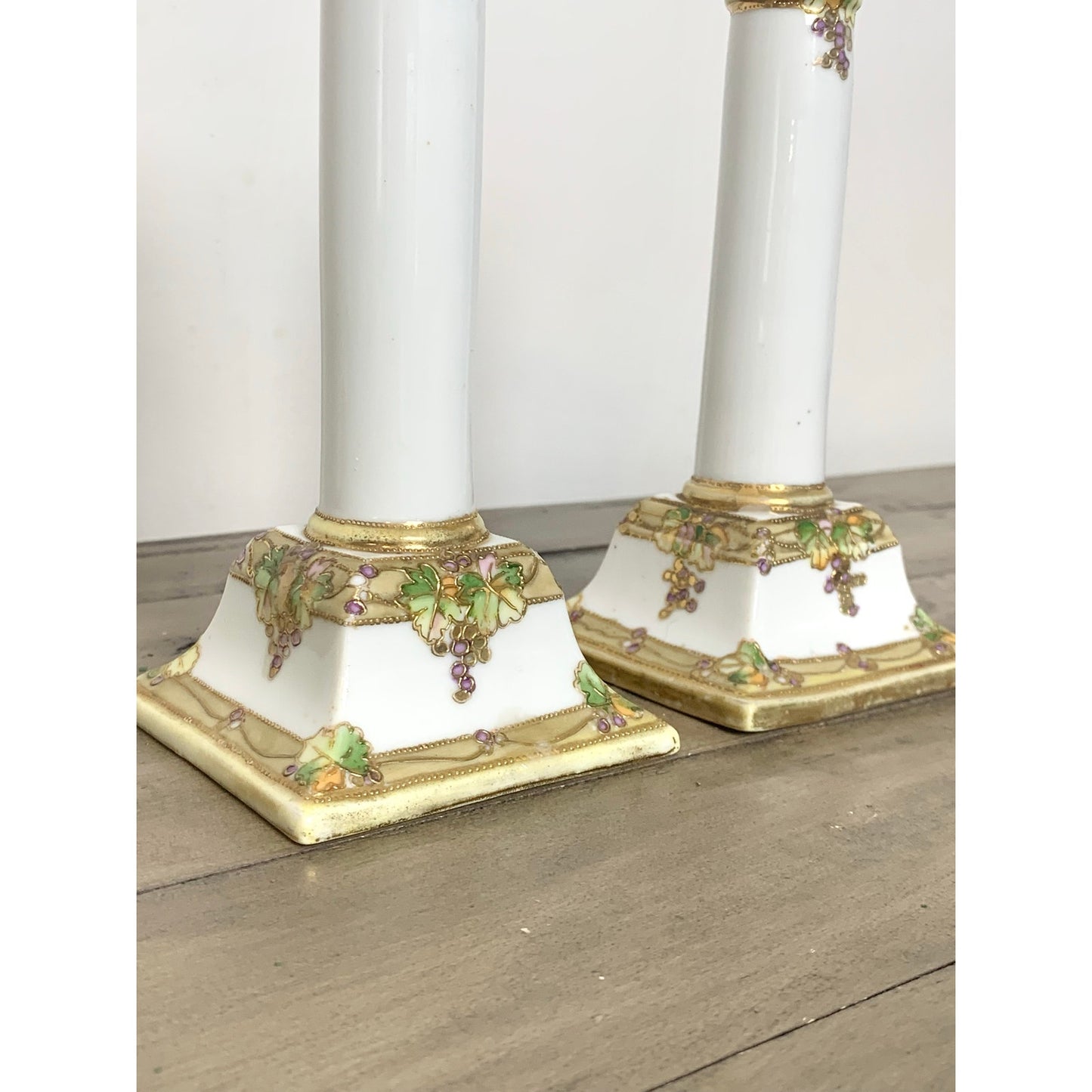 Antique Nippon Hand-Painted Candlestick Holders Pair Grape & Gold Moriage 7” H