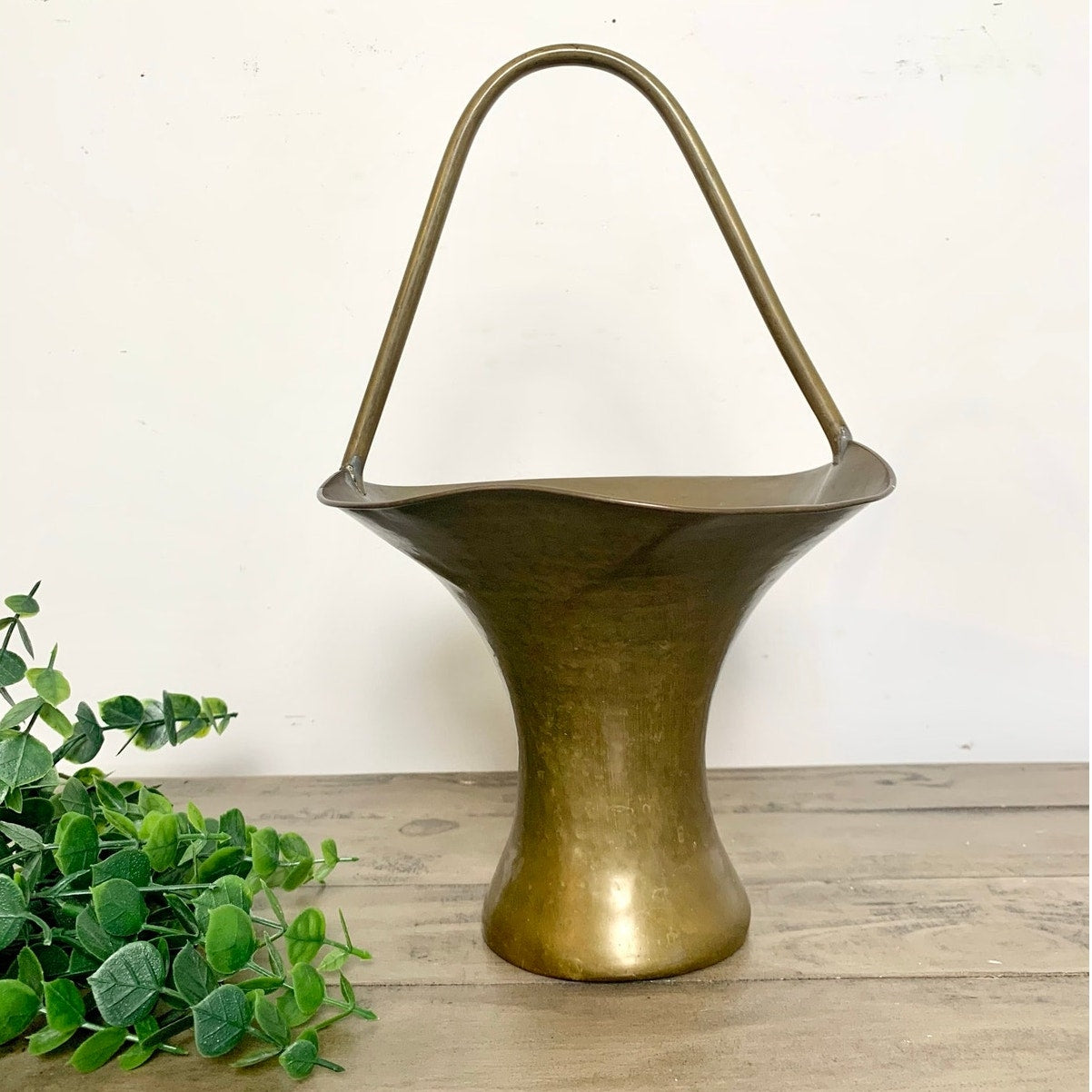 Vintage Hammered Brass Basket Vase Planter Mid Century Patina Brass Vessel