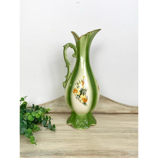 Vintage Green Ceramic Ewer Floral Pitcher Vase Tall 14 in Cottagecore Art Nouveau Victorian