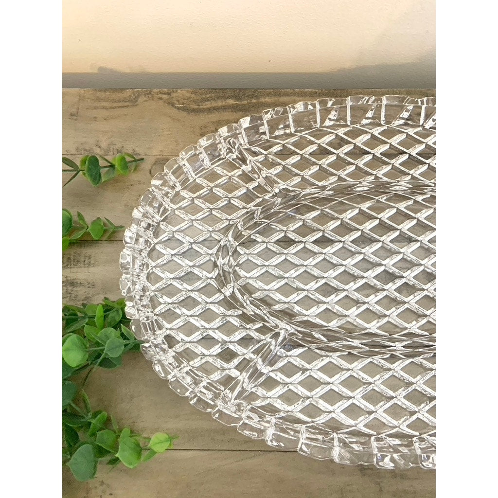 Vintage Clear Glass Divided Serving Platter Large 16.25” Oval Sectional Tray Thick Appetizers Relishes Charcuterie
