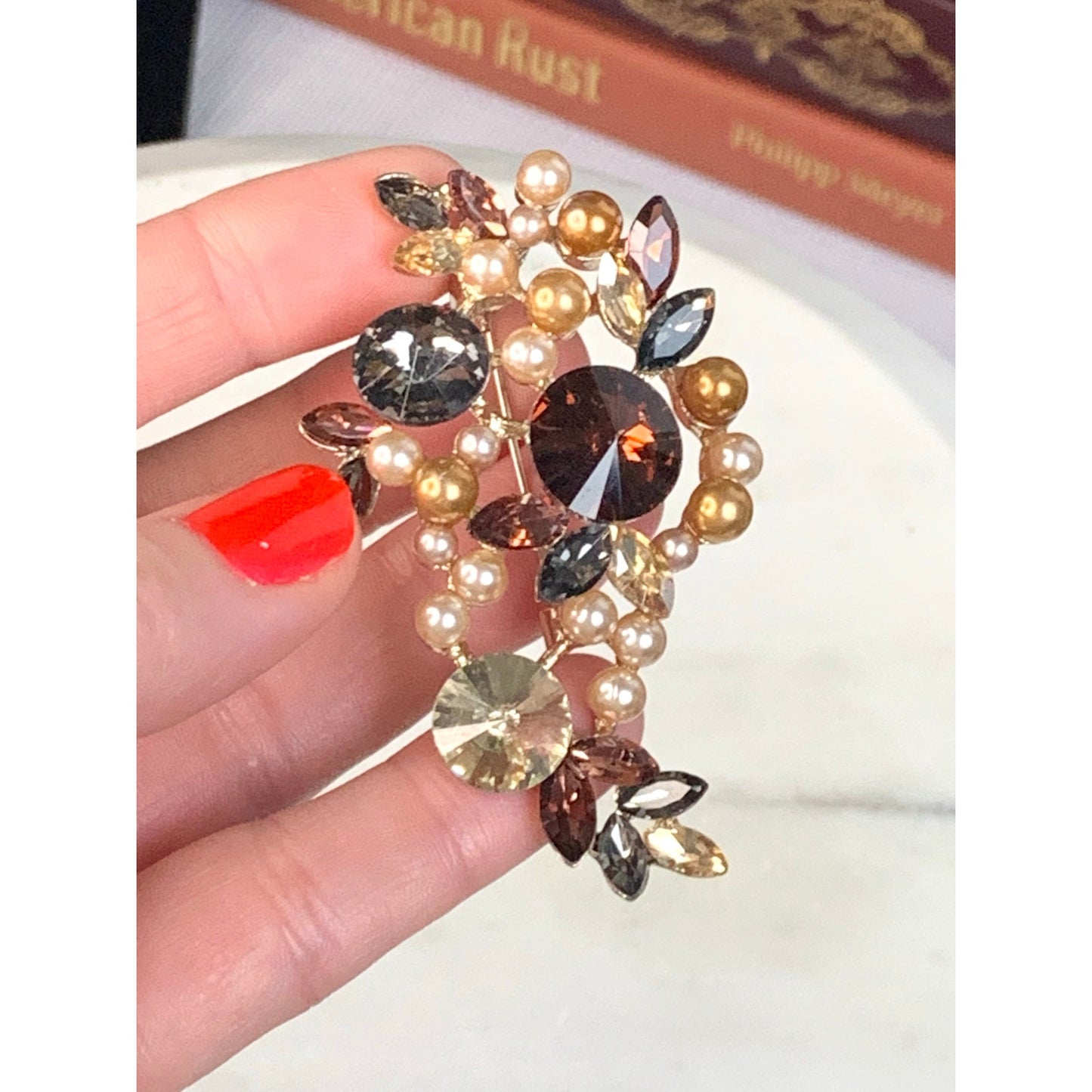 Romantic Rhinestone and Faux Pearl Brooch Multicolor Glass Statement Pin