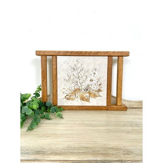 Vintage Floral Ceramic Tile Trivet Wood Frame Farmhouse Cottagecore Kitchen Decor