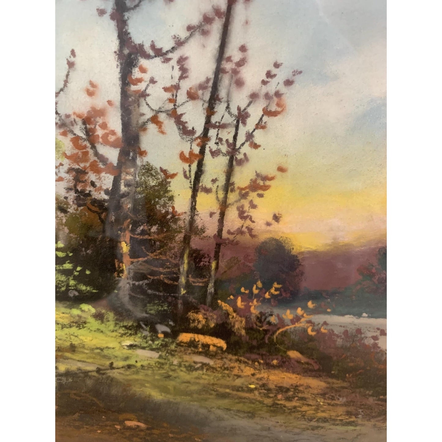 Vintage Pastel Landscape Painting Signed Elande, Framed Countryside Scene