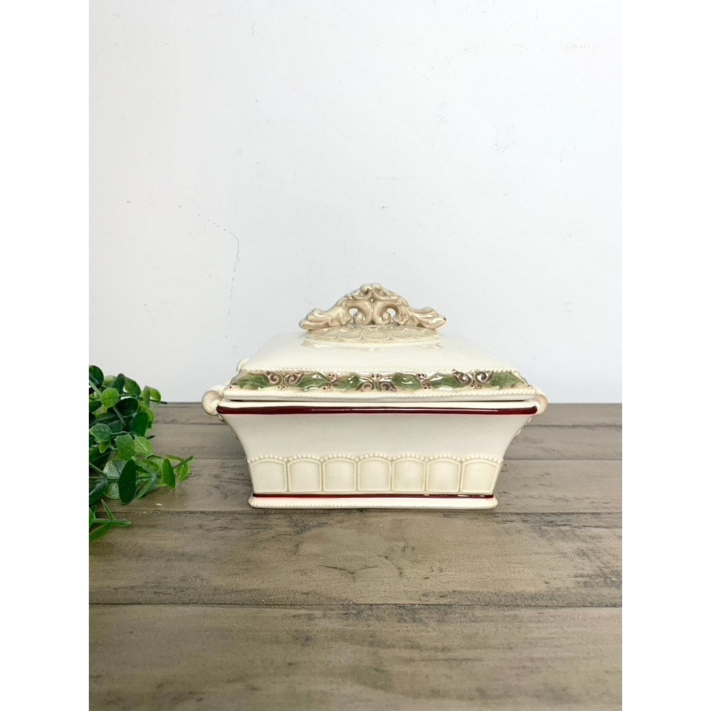 Vintage Ceramic Christmas Lidded Serving Dish with Holly Trim Holiday Tableware