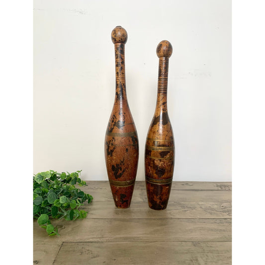 Antique Wooden Indian Clubs Rustic Decorative Skittles Pair Pins Old Money Aged