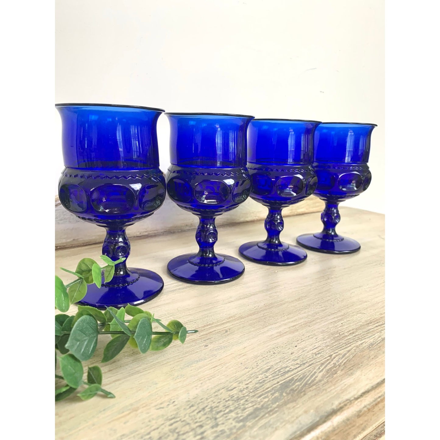 Vintage Indiana Glass Kings Crown Cobalt Blue Goblets Set of 4 Wine Glasses Mid Century