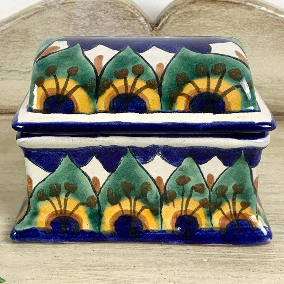 Vintage Mexican Talavera Style Ceramic Lidded Box Hand Painted Pottery Trinket Dish