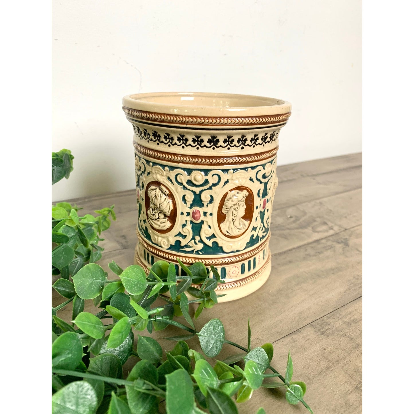 Antique German Majolica Style Pottery Jardiniere Crock Tobacco Jar Humidor