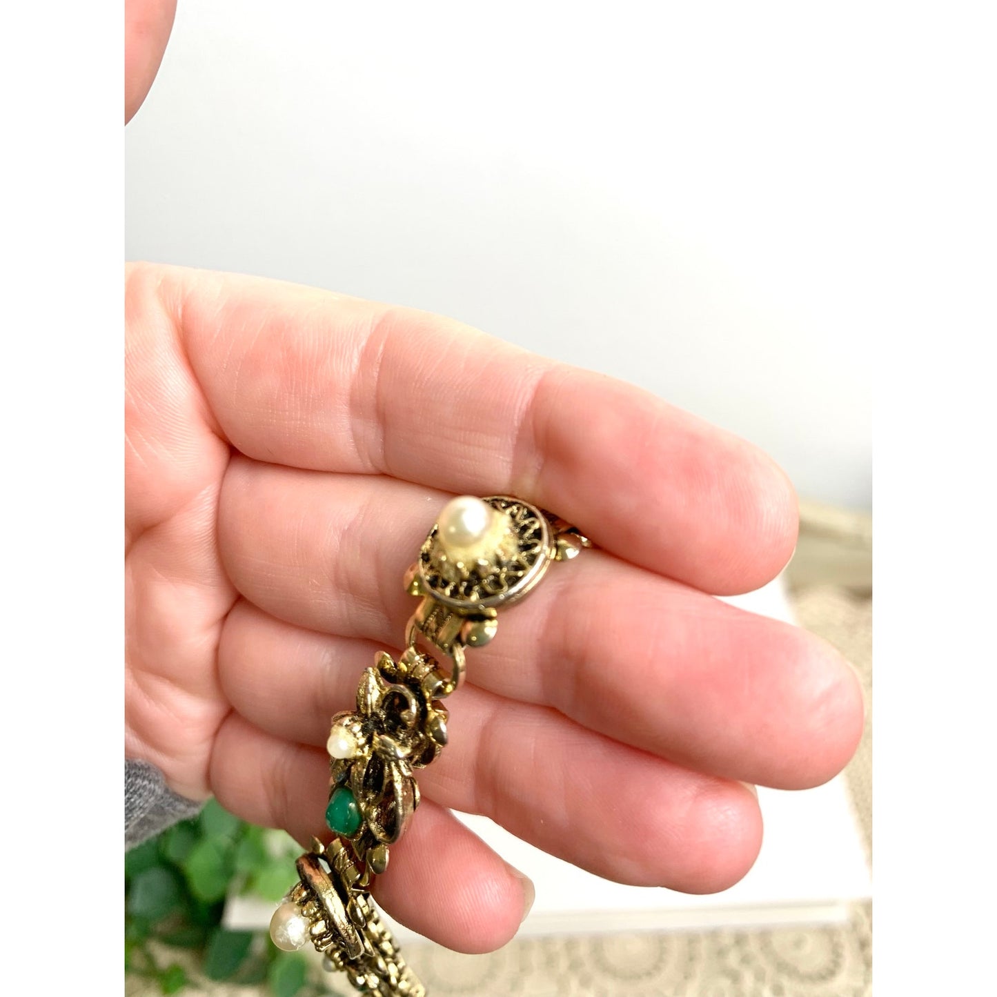 Vintage Victorian Revival Bracelet Goldtone Floral Link Faux Pearl Green Cabochon