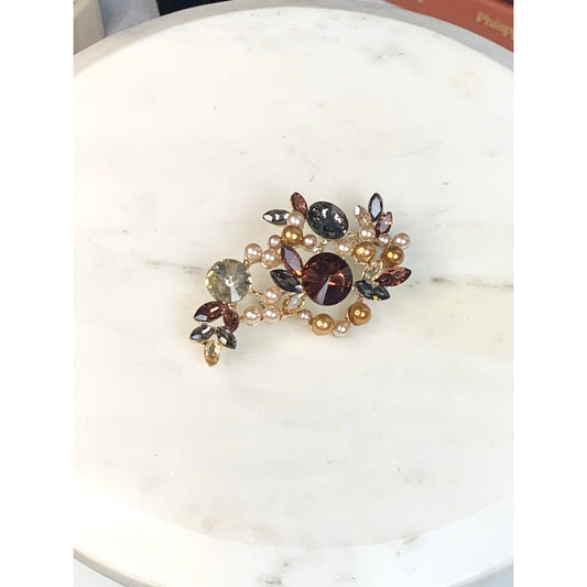 Romantic Rhinestone and Faux Pearl Brooch Multicolor Glass Statement Pin