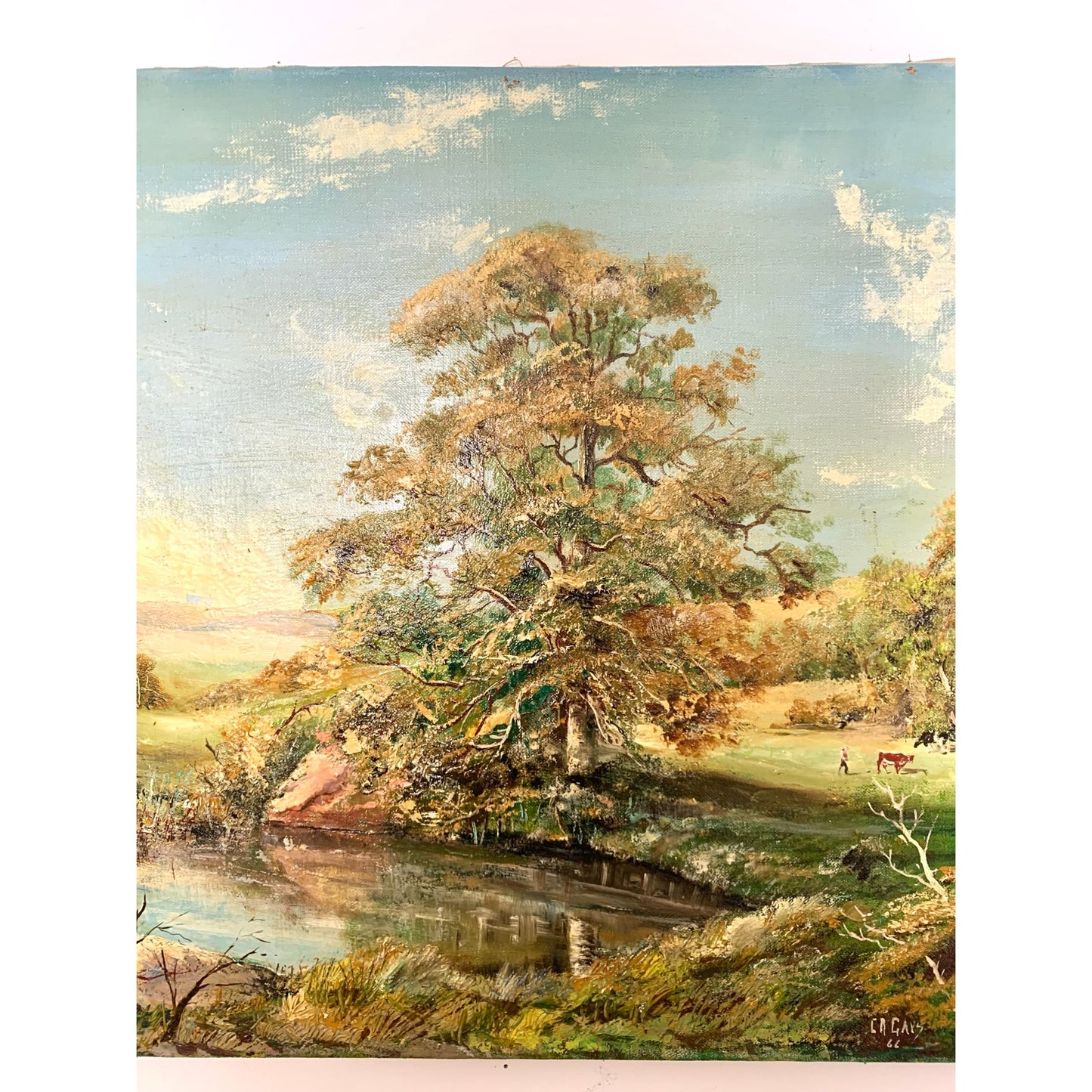 Vintage 1966 Landscape Oil Painting on Canvas – Signed C.A. Gays – Mid Century Original Farm Scene with Tree & Pond