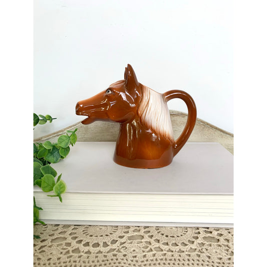 Vintage Horse Head Creamer Pitcher Brown Ceramic Mini Vase Equestrian Cottage Decor