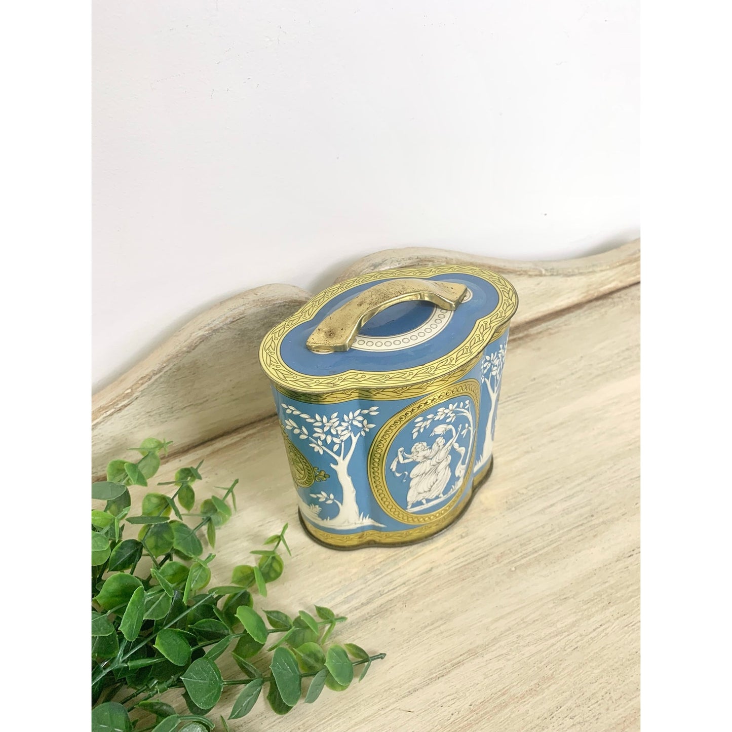 Vintage Tin Canister Murray Allen Grecian Figural Blue Gold Made in England Victorian Style