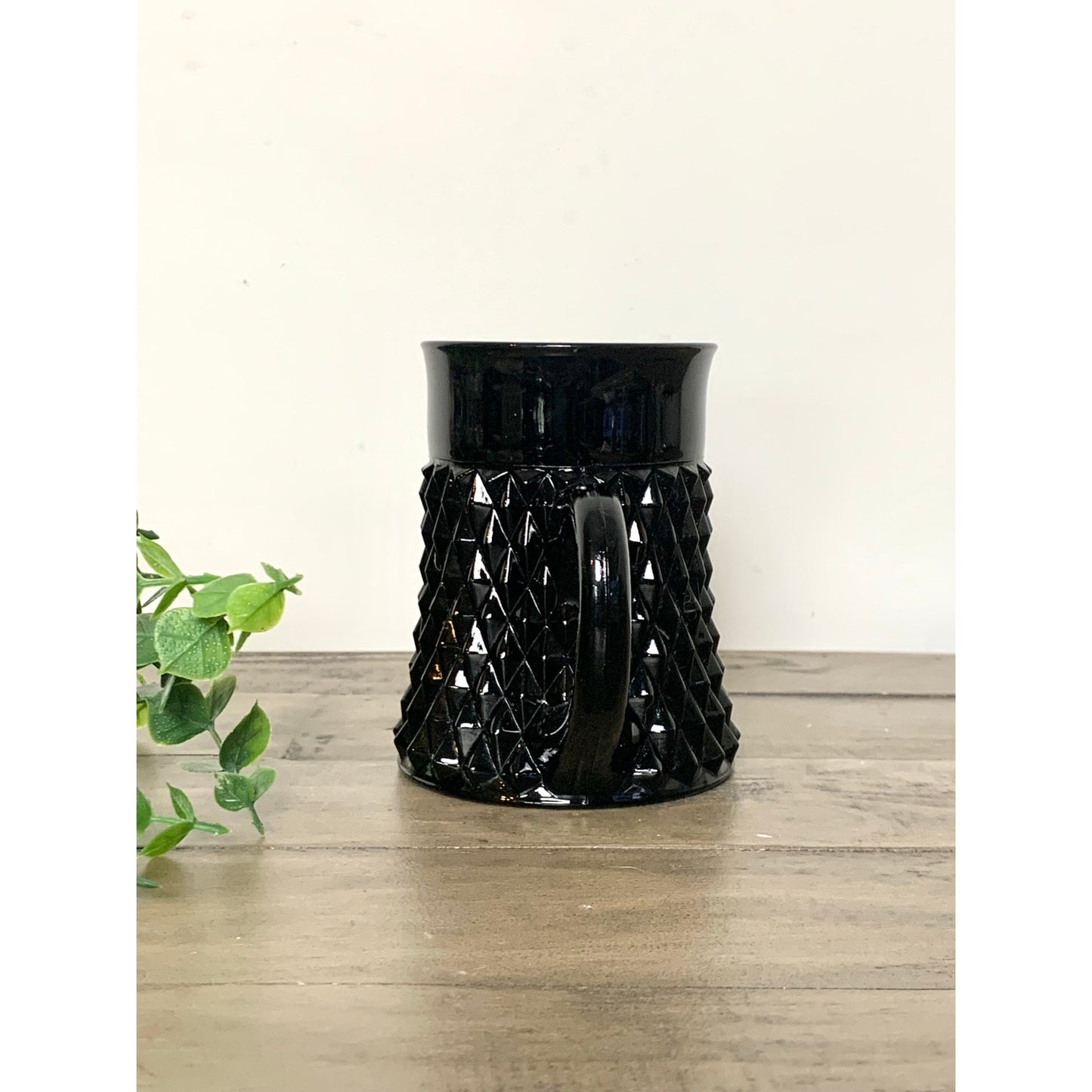 Vintage Indiana Glass Tiara Black Glass Mug with Diamond Point Mid Century Modern Coffee Cup Retro