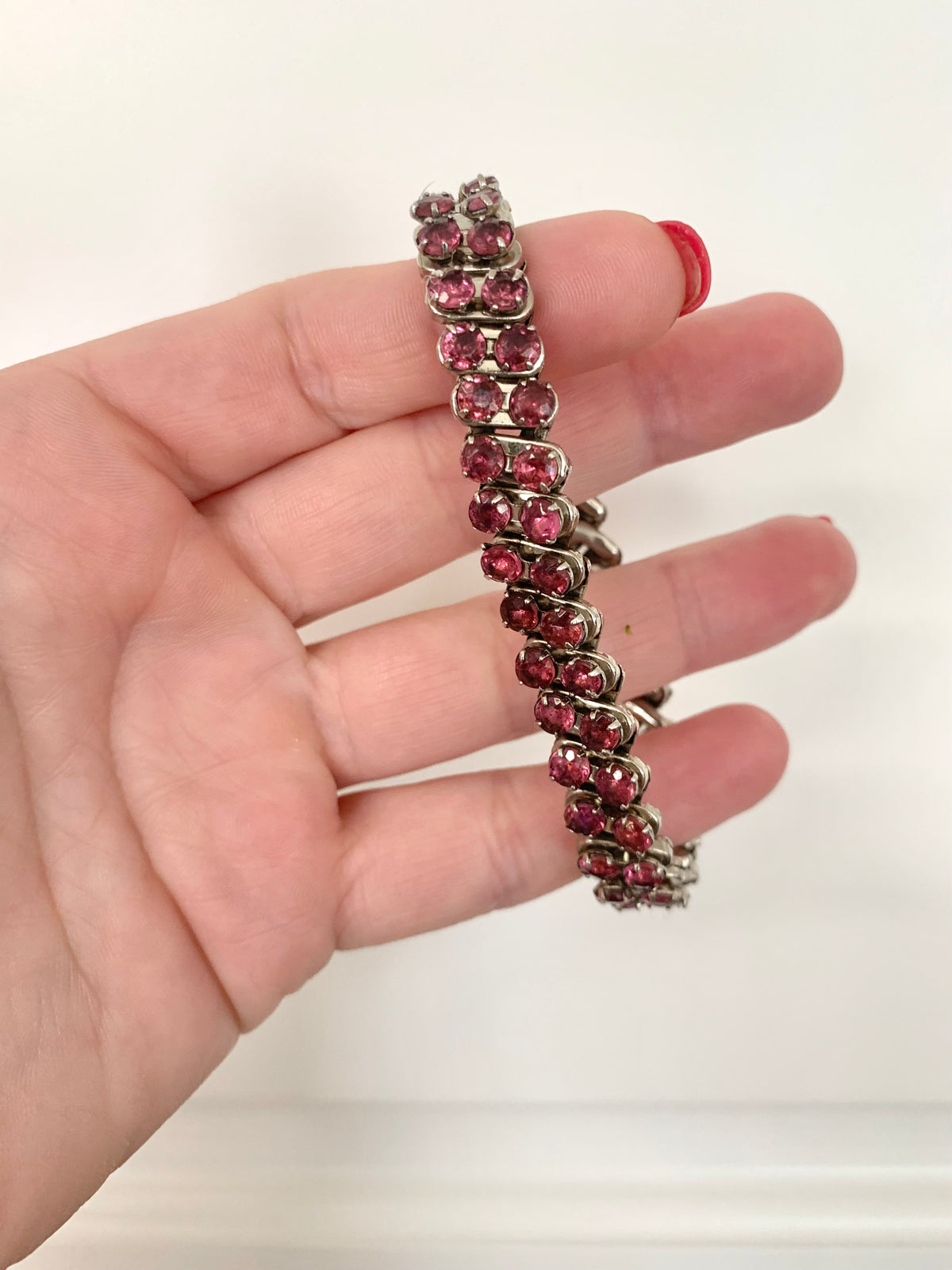 Vintage Pink Rhinestone Bracelet on Silvertone, Stretch, Japan