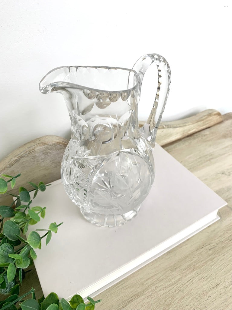 Vintage Cut Crystal Pitcher Vase - Etched Flower