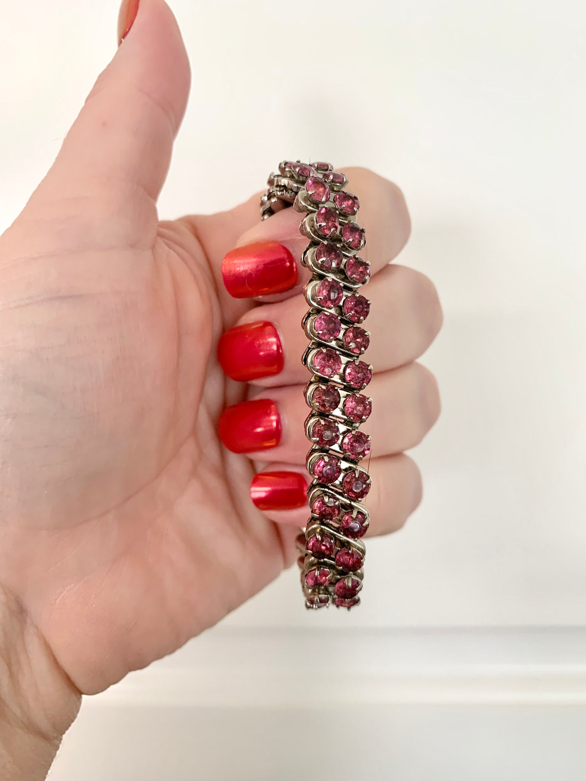 Vintage Pink Rhinestone Bracelet on Silvertone, Stretch, Japan