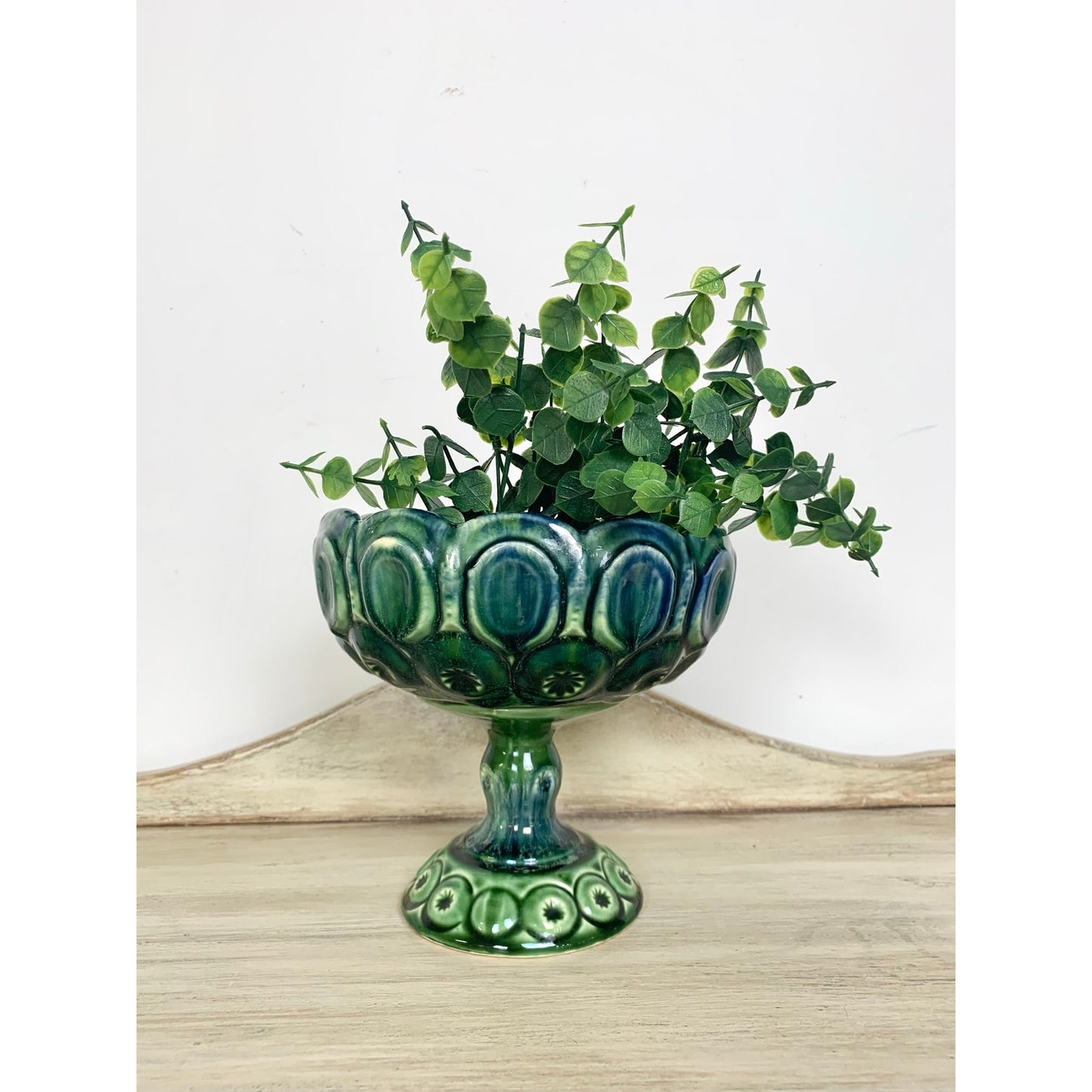 Vintage McCoy Pottery Compote Pedestal Bowl Green Teal Moon and Stars Mid Century