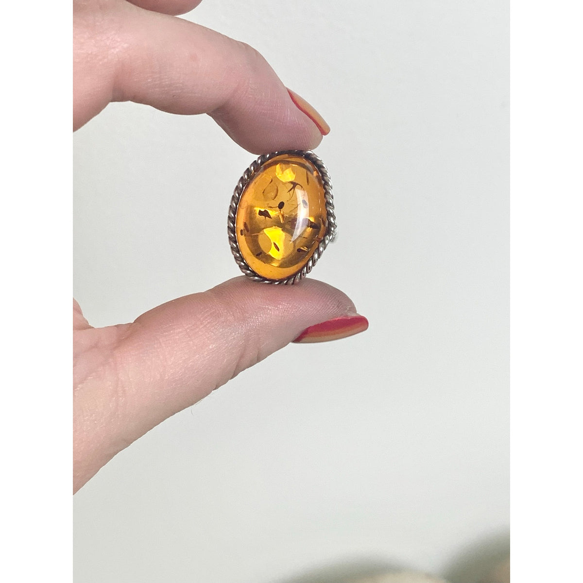 Vintage Sterling Silver Amber Ring Adjustable Oval Statement Jewelry Boho Southwestern