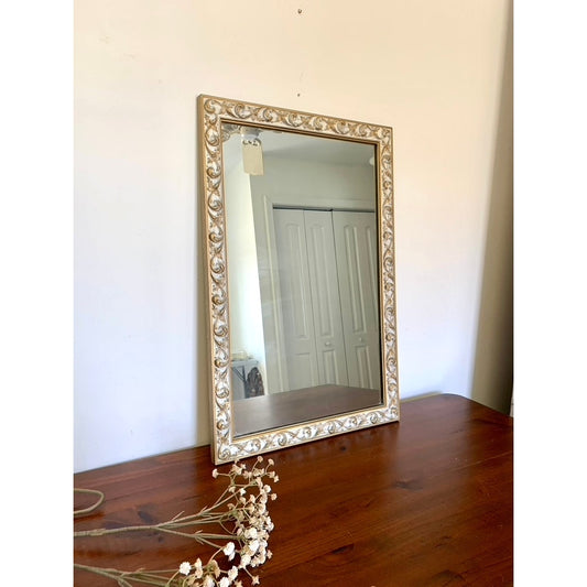 Vintage White and Gold Gild Wall Mirror Syroco Floral Scroll Embossed Frame Cottagecore